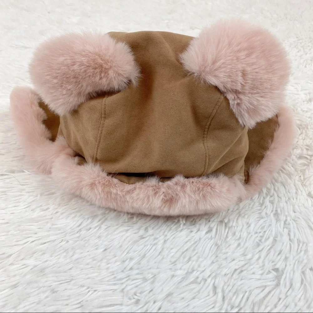 Crewcuts faux fur suede winter hat bear‎ ear pink hat
